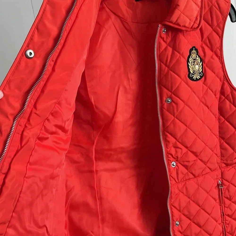Ralph Lauren Quilted Embroidered Crest Patch Vest Zip Snap Lined Orange Sz S NWT - Picture 8 of 16